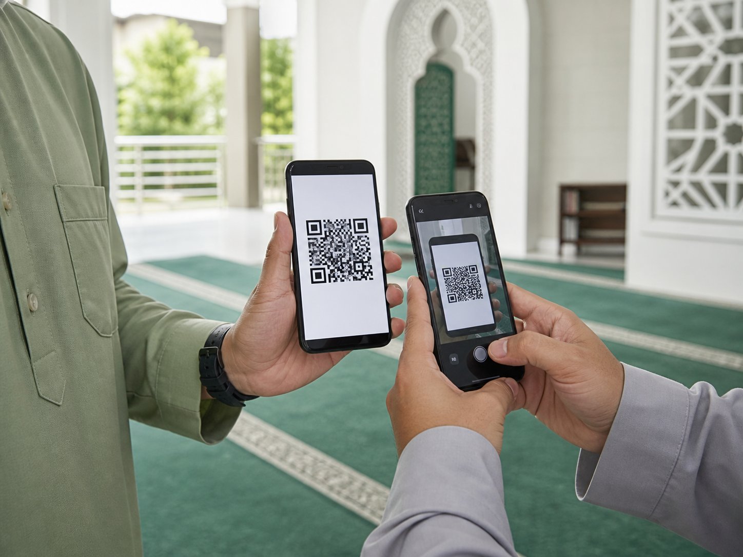 Pengguna mengimbas kod QR masjid dengan aplikasi bank