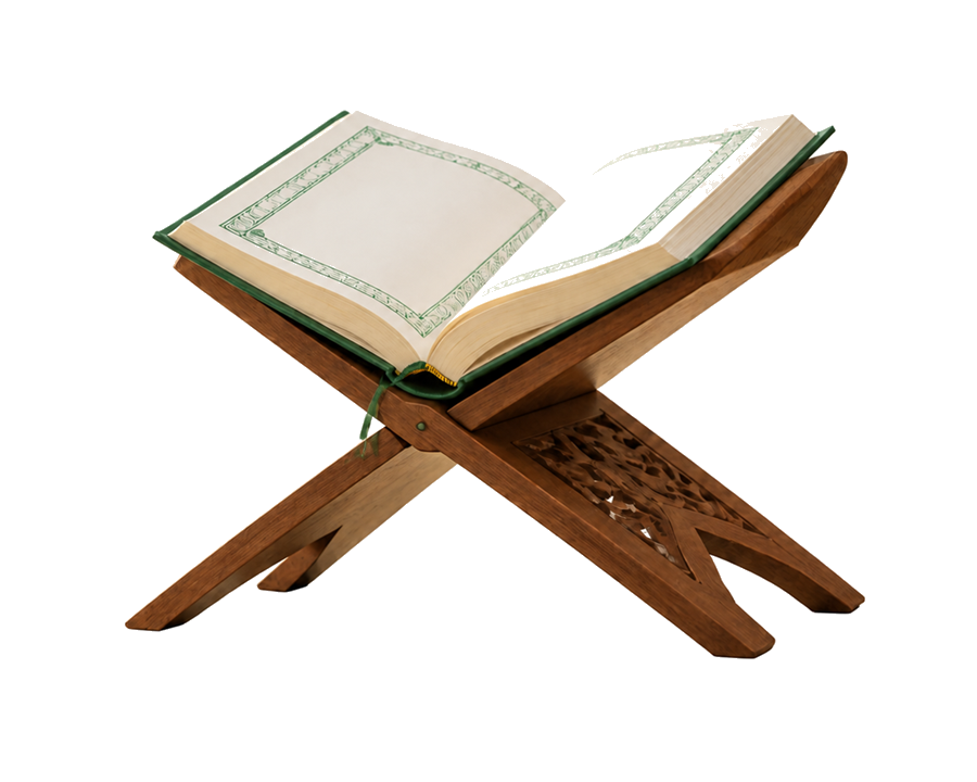 Al-Quran terbuka di atas rehal kayu